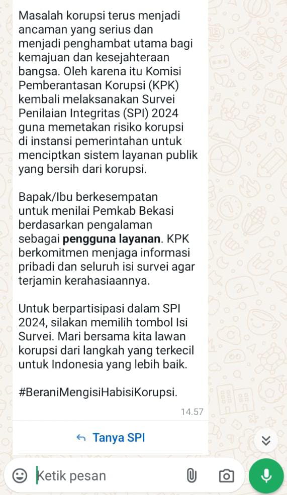 Potongan dari isi media sosial Chat Whatapp SPI 2024 dengan nomor Official Triga Nusantara Indonesia 